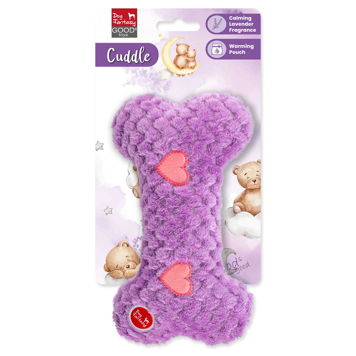 Hračka Dog Fantasy Cuddle Kost nahřívací fialová 23cm-KS