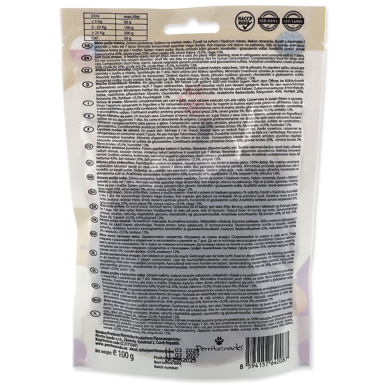 Pochoutka Perrito kachna, měkké proužky 100g-KS