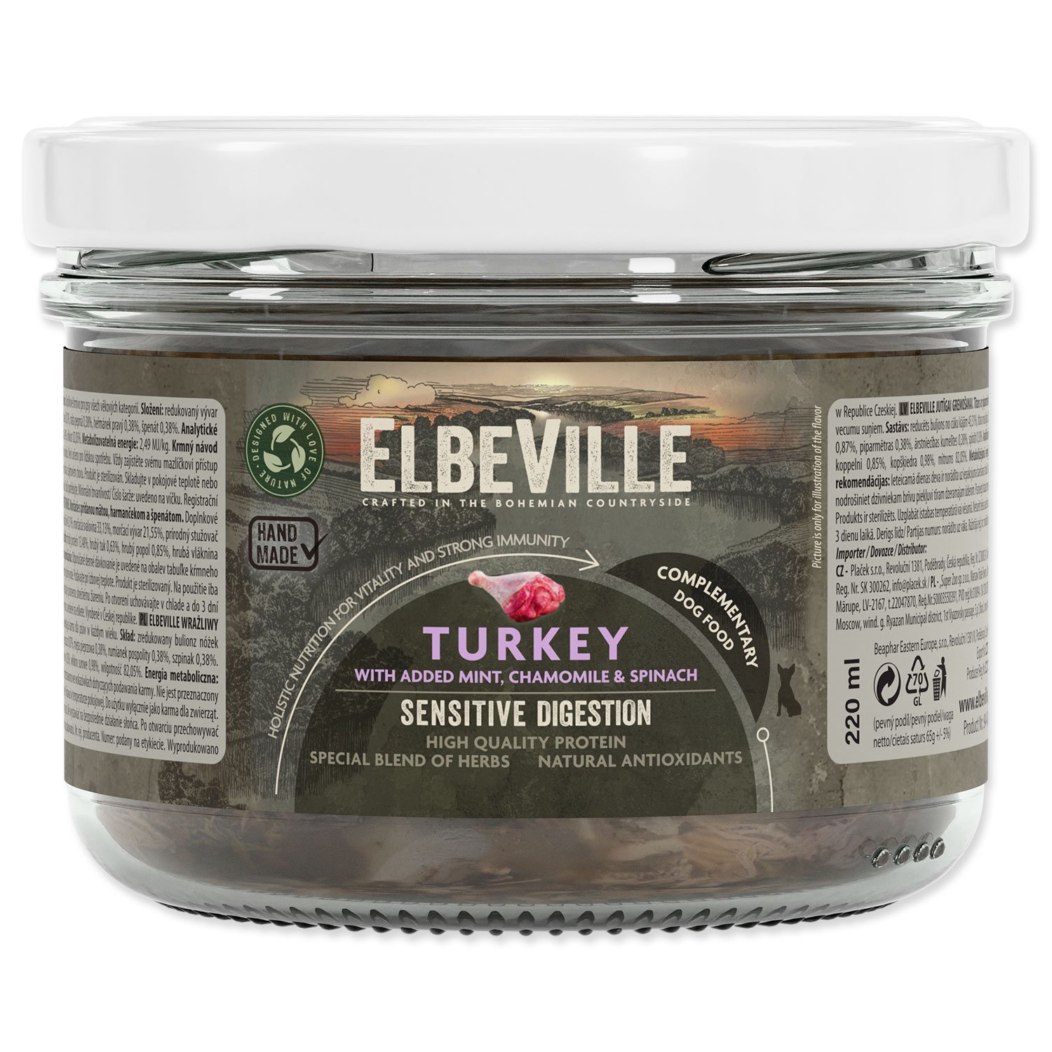 Sklenice Elbeville Dog Sensitive Digestion, krůtí s přidanou mátou, heřmánkem a špenátem 220ml