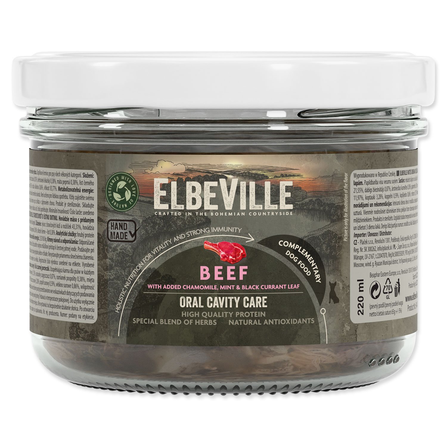 Sklenice Elbeville Dog Oral Cavity Care, hovězí s přidaným heřmánkem, mátou 220ml