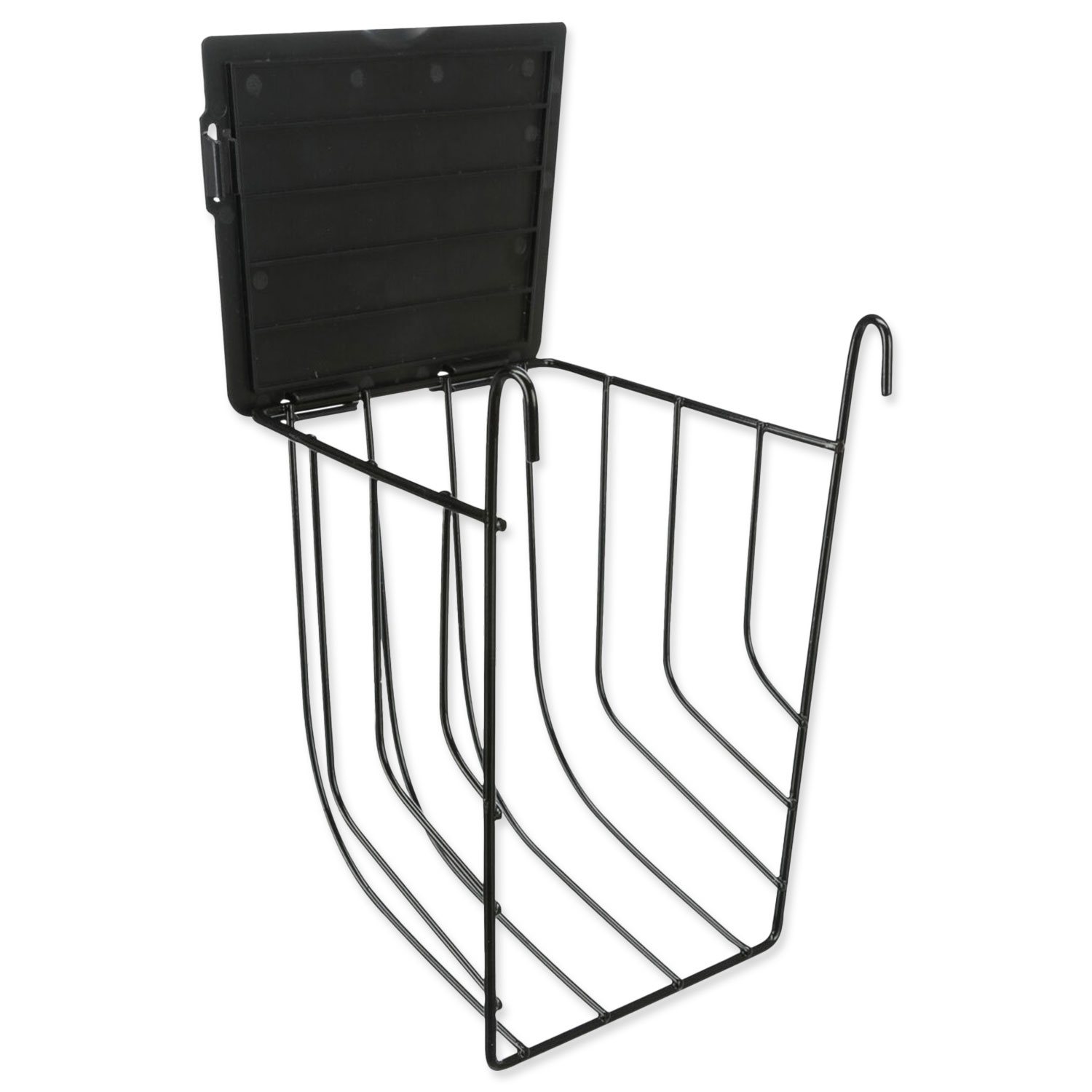 Závěsné černé kovové jesličky na seno s víkem 13 × 18 × 12 cm-KS