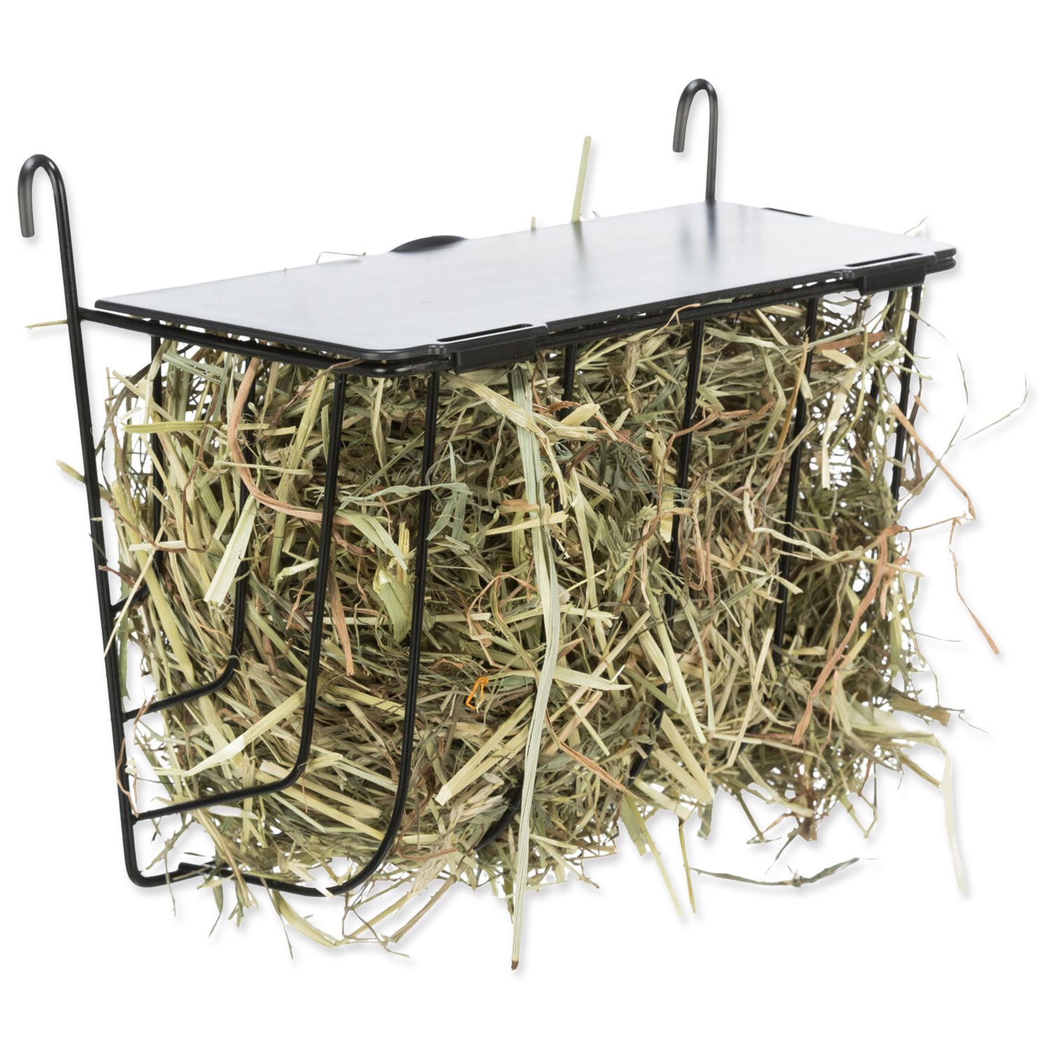 Závěsné černé kovové jesličky na seno s víkem 20 × 18 × 12 cm-KS