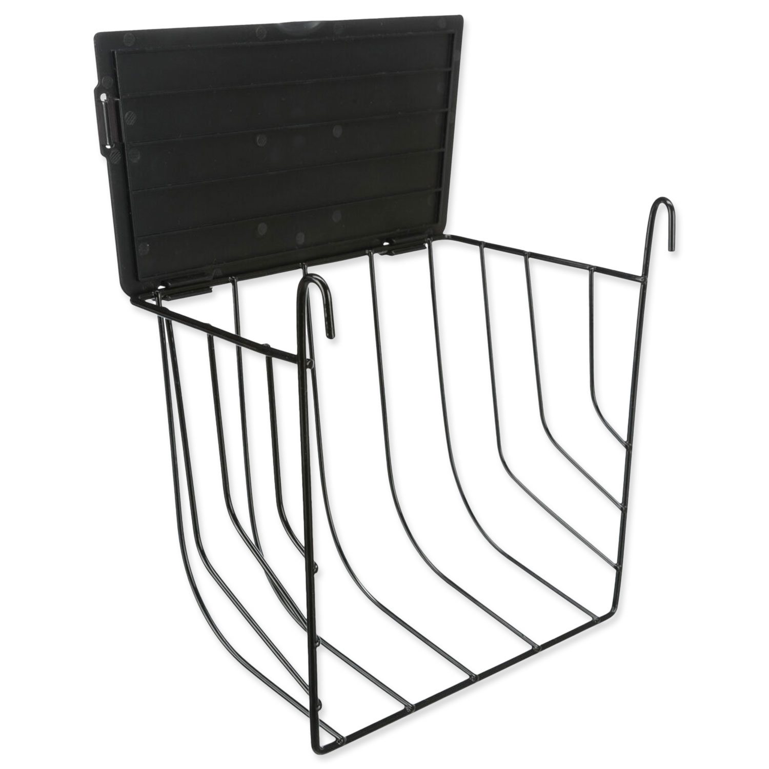 Závěsné černé kovové jesličky na seno s víkem 20 × 18 × 12 cm-KS