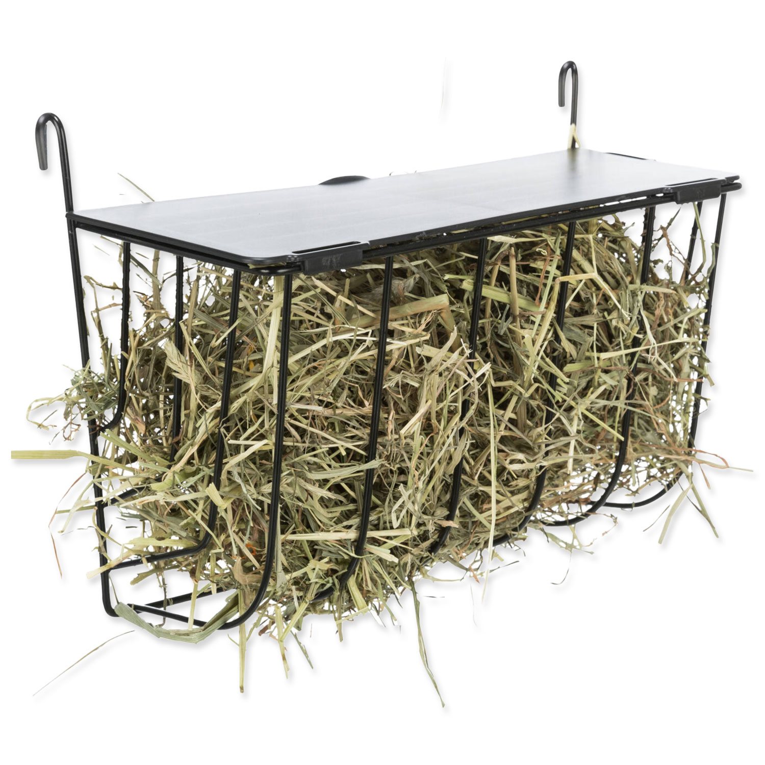 Závěsné černé kovové jesličky na seno s víkem 25 × 18 × 12 cm-KS