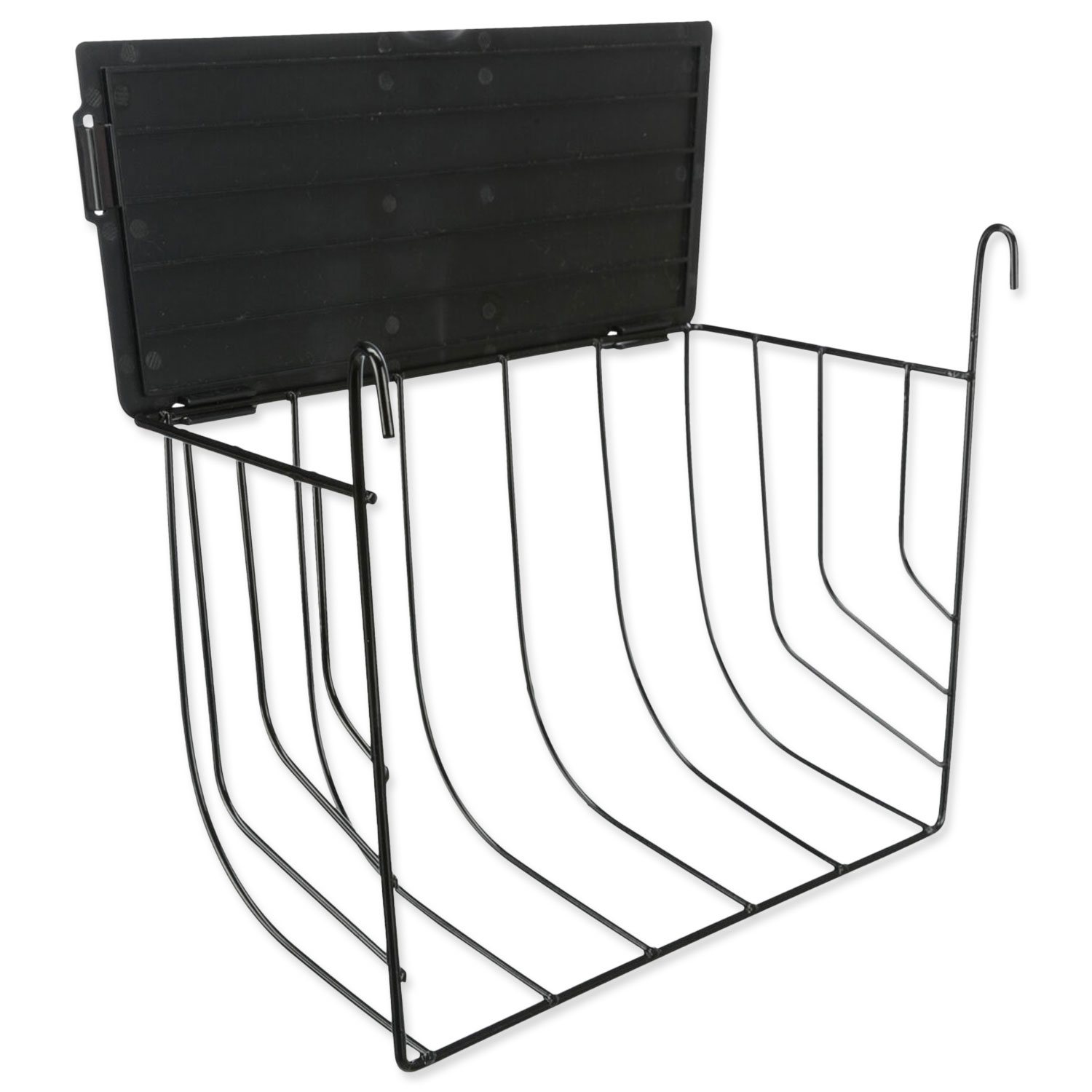 Závěsné černé kovové jesličky na seno s víkem 25 × 18 × 12 cm-KS