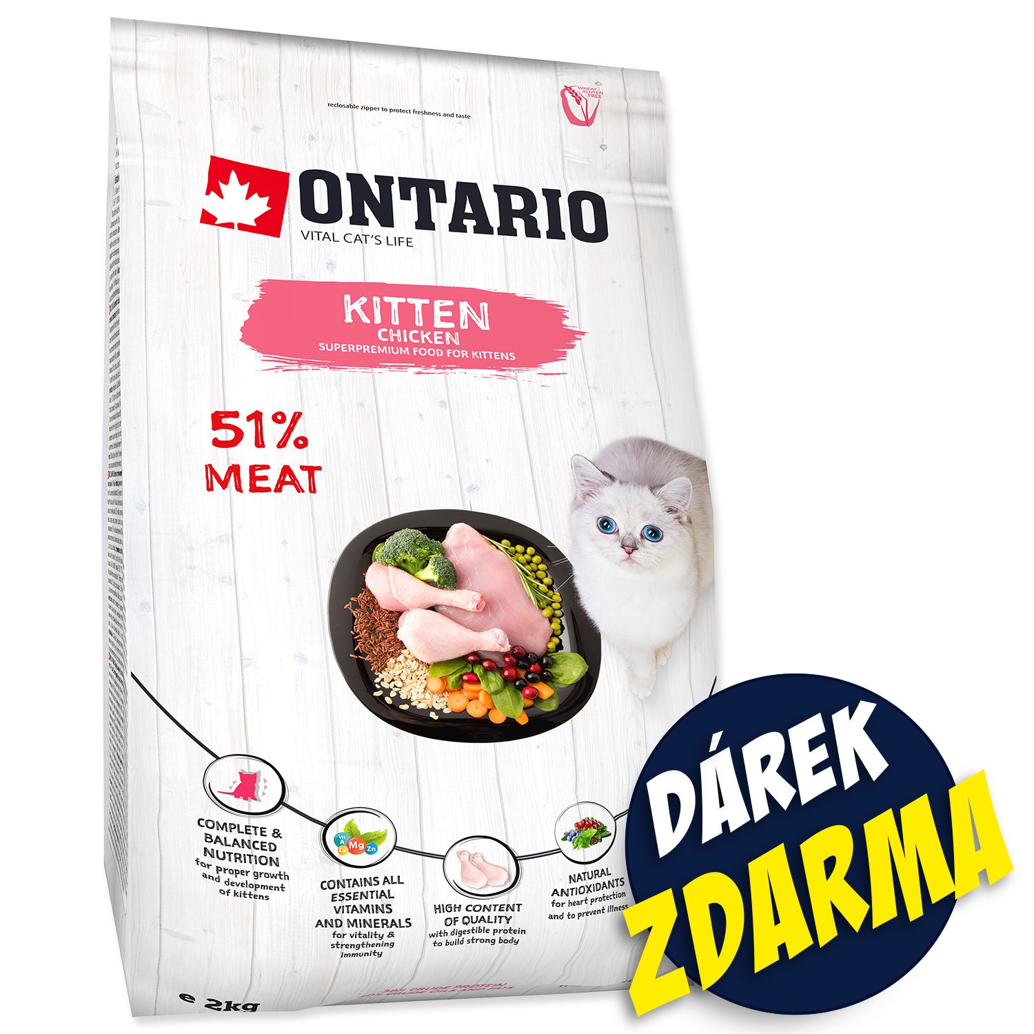 Krmivo Ontario Kitten Chicken 2kg + 4 kapsičky ZDARMA