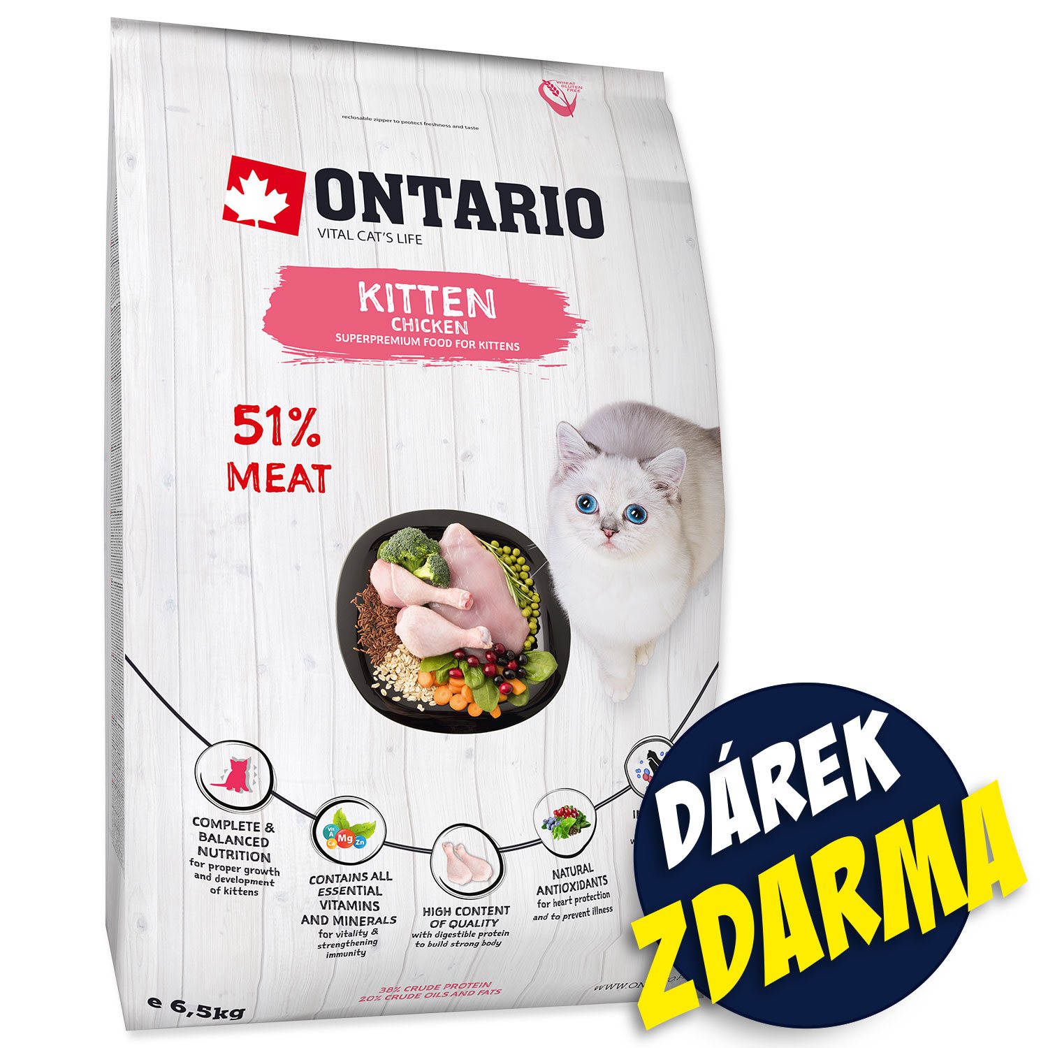 Krmivo Ontario Kitten Chicken 6,5kg + 6 kapsiček ZDARMA