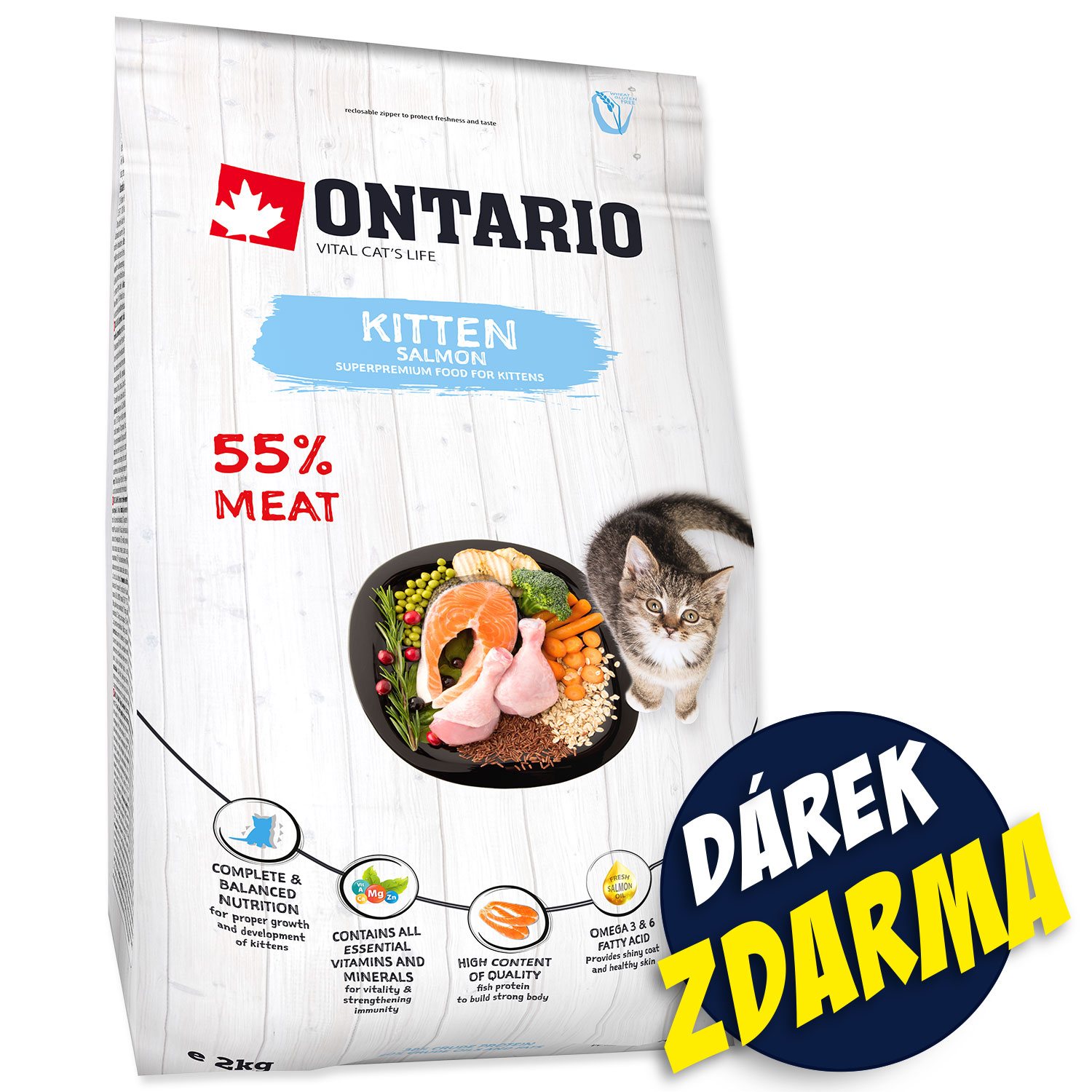 Krmivo Ontario Kitten Salmon 2kg + 4 kapsičky ZDARMA