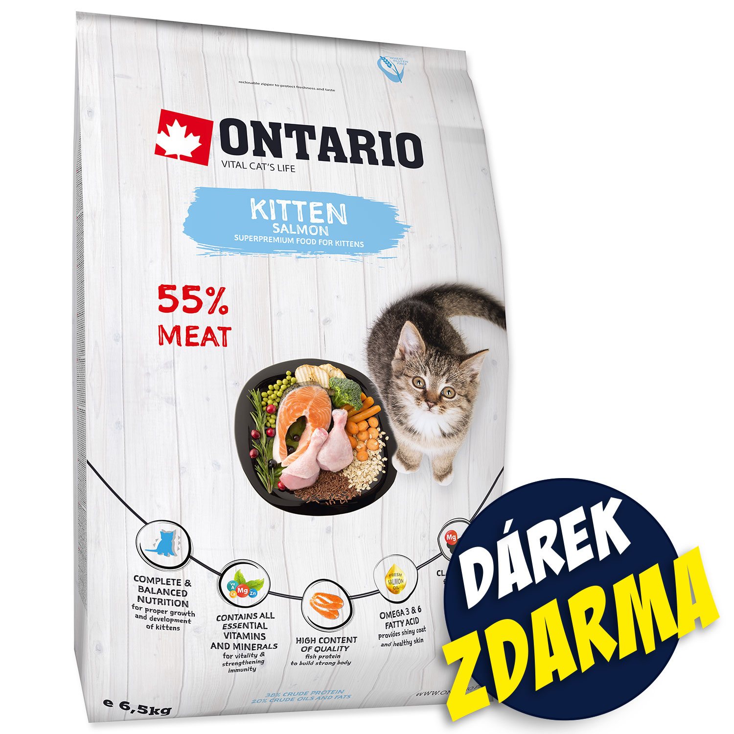 Krmivo Ontario Kitten Salmon 6,5kg + 6 kapsiček ZDARMA