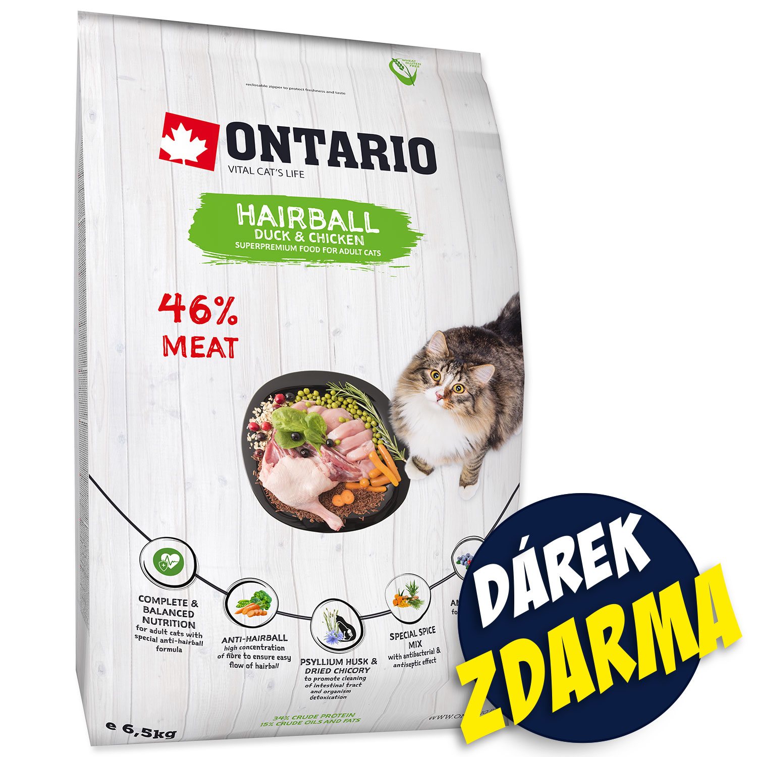 Krmivo Ontario Cat Hairball 6,5kg + 6 kapsiček ZDARMA
