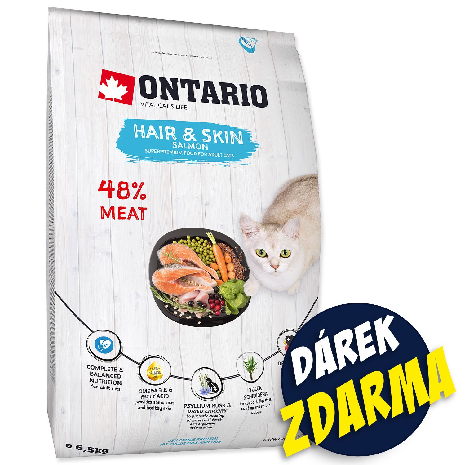 Krmivo Ontario Cat Hair & Skin 6,5kg + 6 kapsiček ZDARMA