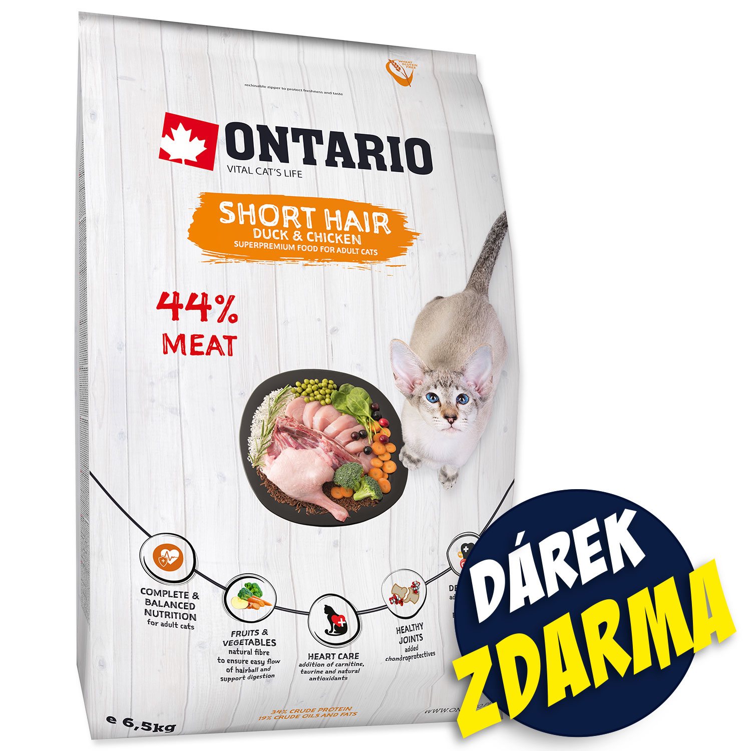 Krmivo Ontario Cat Shorthair 6,5kg + 6 kapsiček ZDARMA