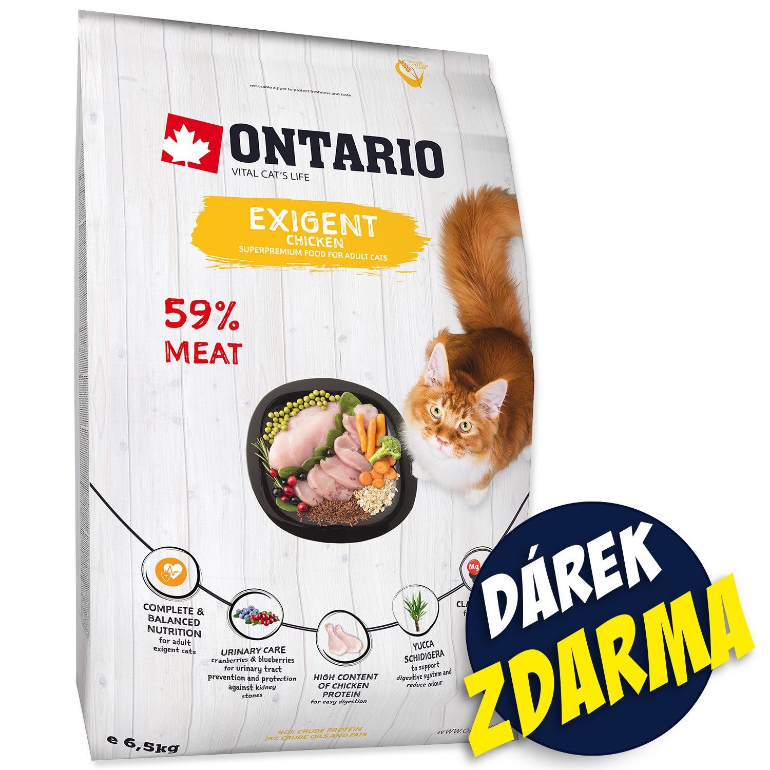 Krmivo Ontario Cat Exigent 6,5kg + 6 kapsiček ZDARMA