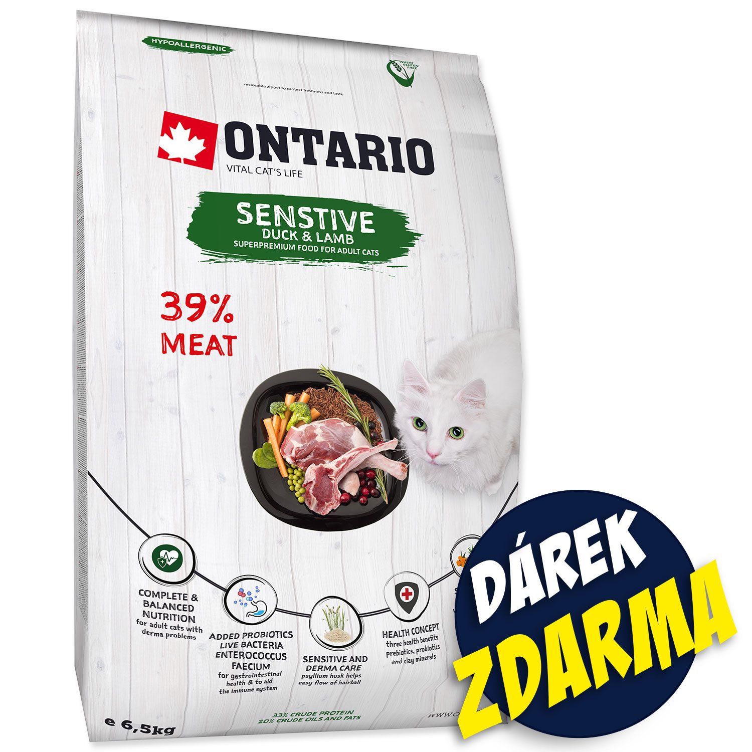 Krmivo Ontario Cat Sensitive/Derma 6,5kg + 6 kapsiček ZDARMA
