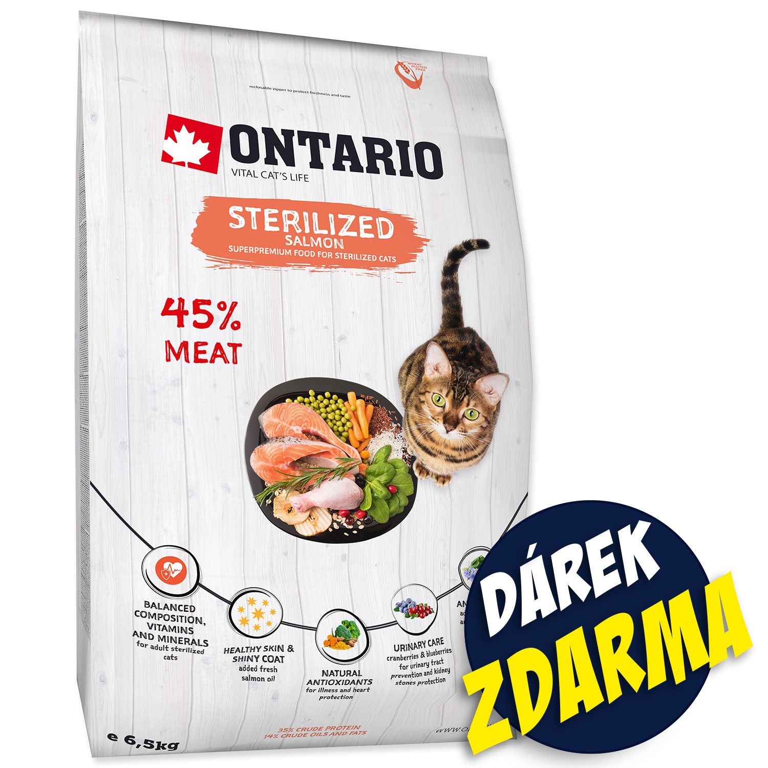 Krmivo Ontario Cat Sterilised Salmon 6,5kg + 6 kapsiček ZDARMA