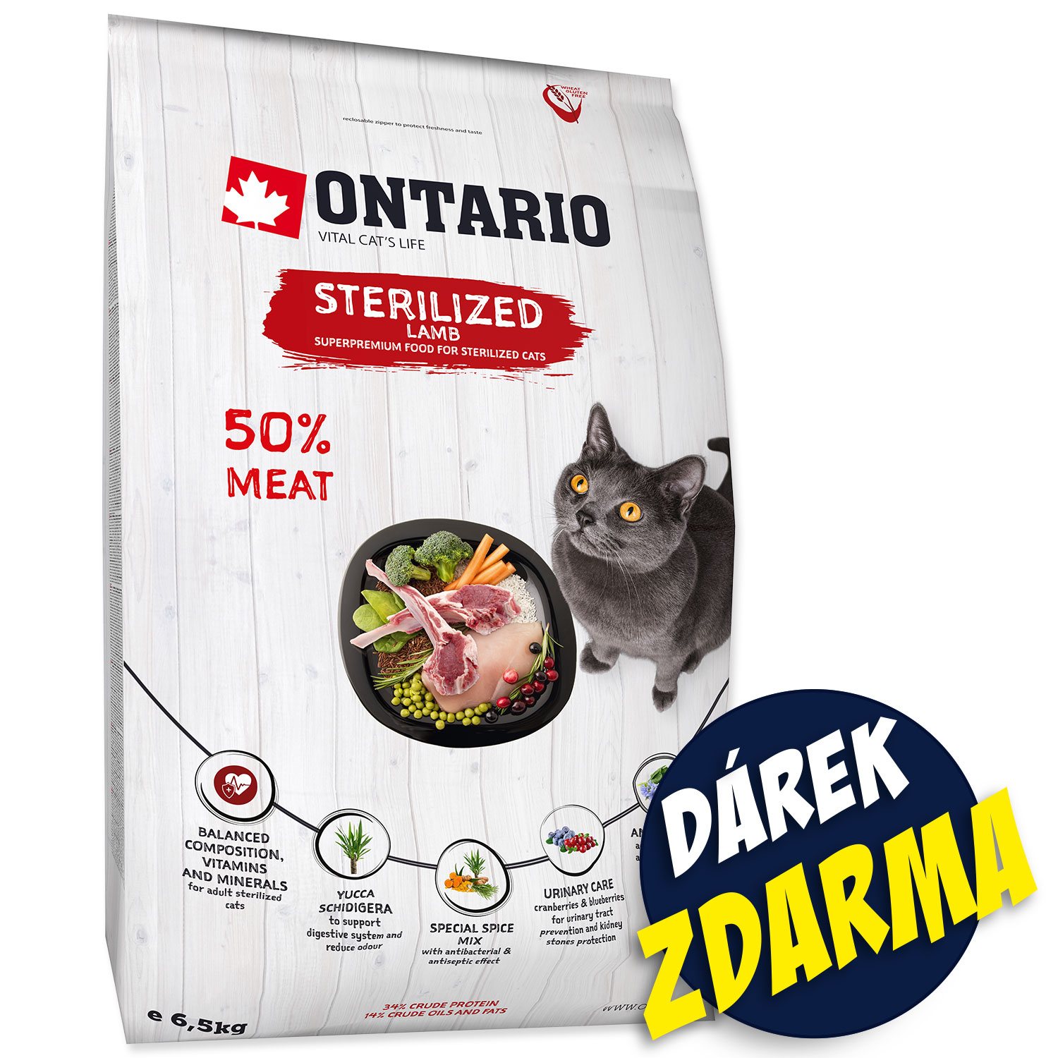 Krmivo Ontario Cat Sterilised Lamb 6,5kg + 6 kapsiček ZDARMA