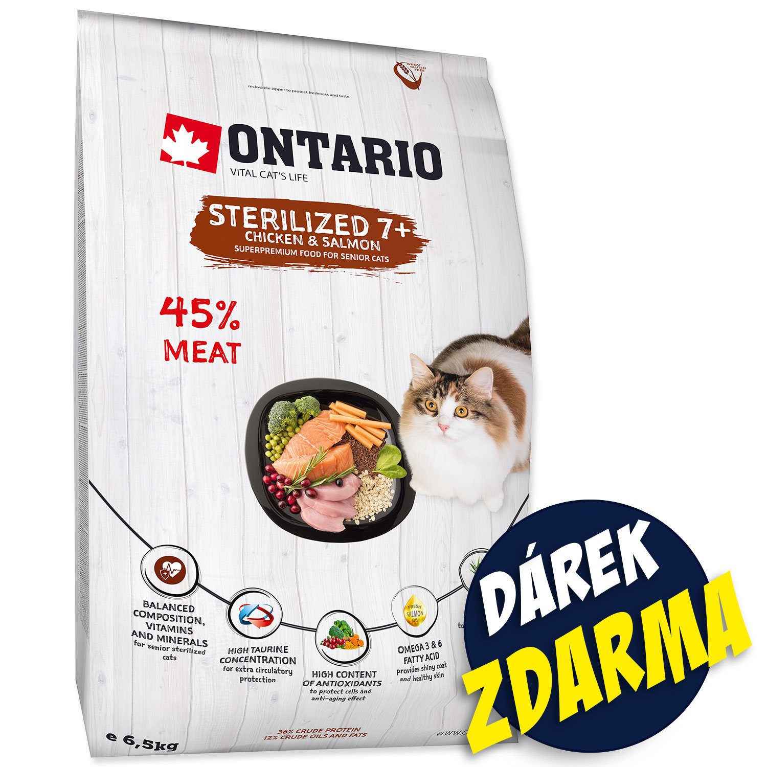Krmivo Ontario Cat Sterilised 7+ Senior 6,5kg + 6 kapsiček ZDARMA