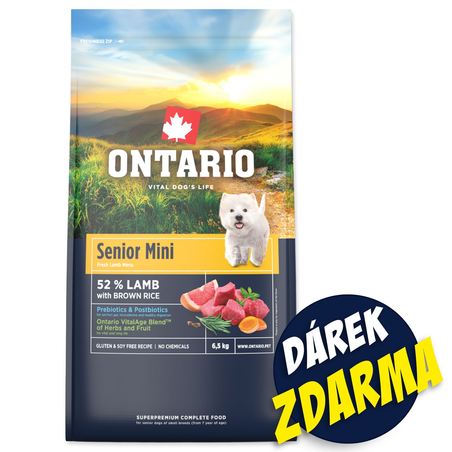 Krmivo Ontario Senior Mini Lamb 6,5kg+ 3 konzervy 200g ZDARMA