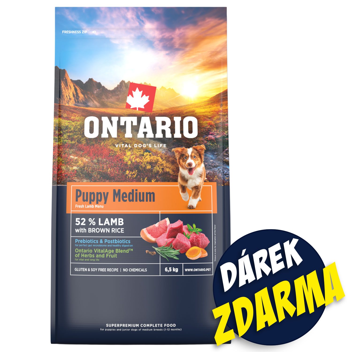 Krmivo Ontario Puppy Medium Lamb & Brown Rice 6,5kg + 3 konzervy 200g ZDARMA