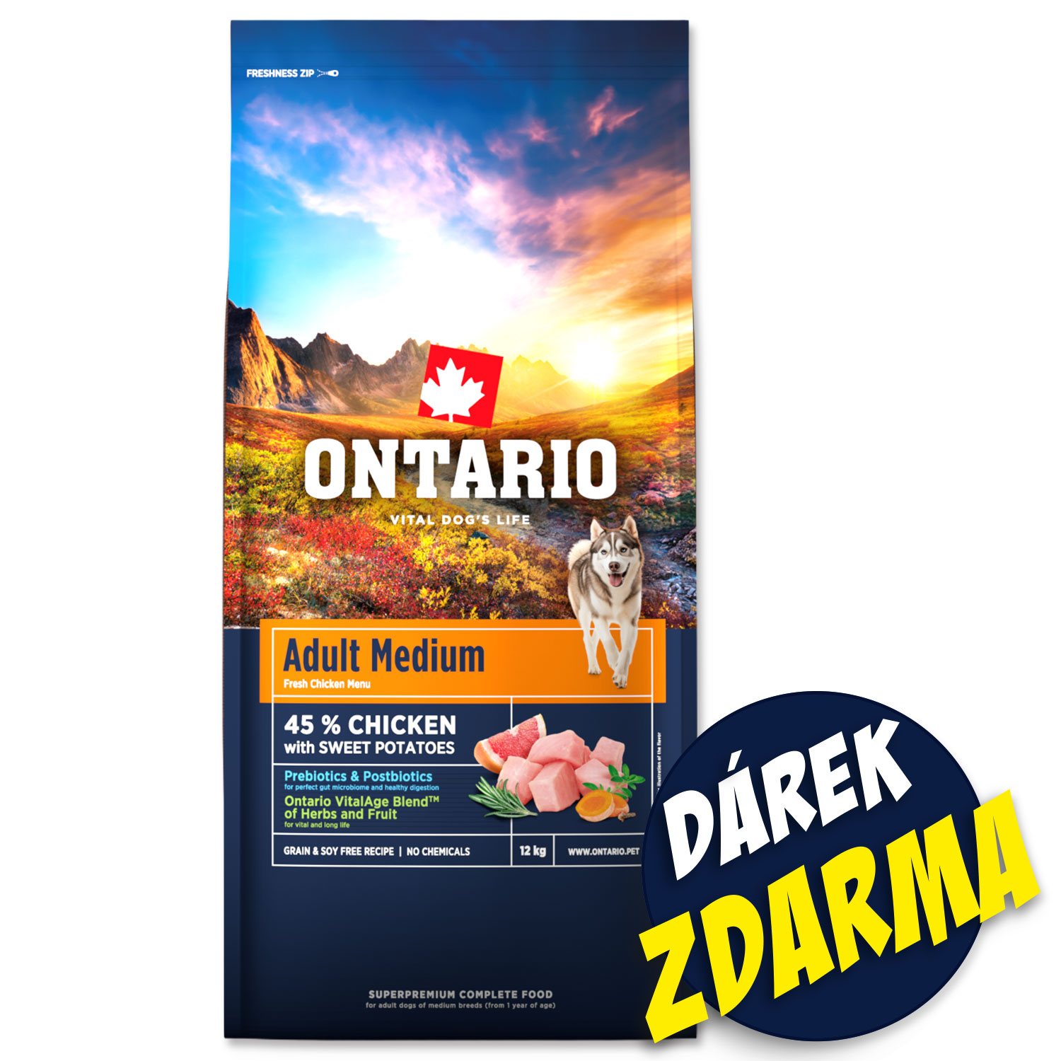 Krmivo Ontario Adult Medium Chicken 12kg + 3 konzervy 400g ZDARMA