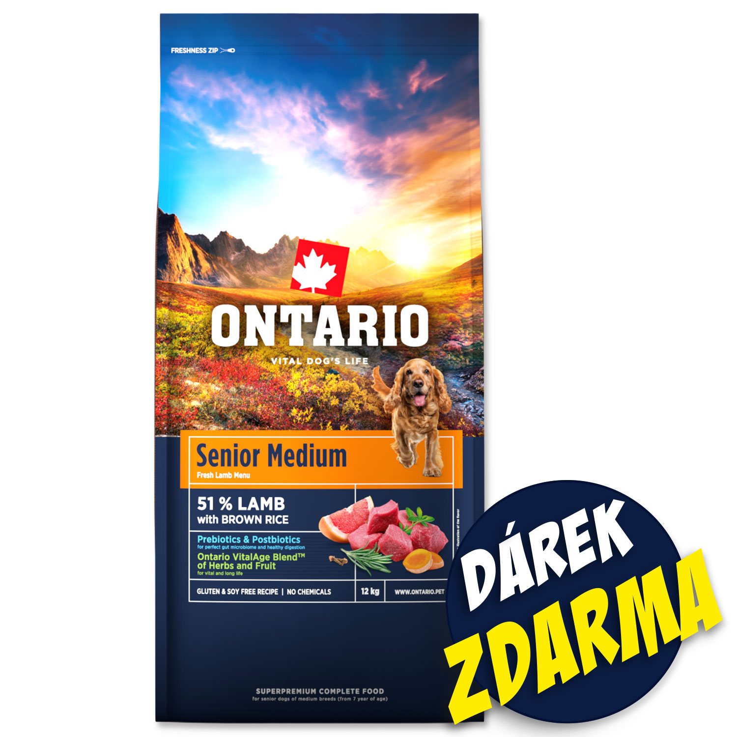 Krmivo Ontario Senior Medium Lamb & Brown Rice 12kg + 3 konzervy 400g ZDARMA