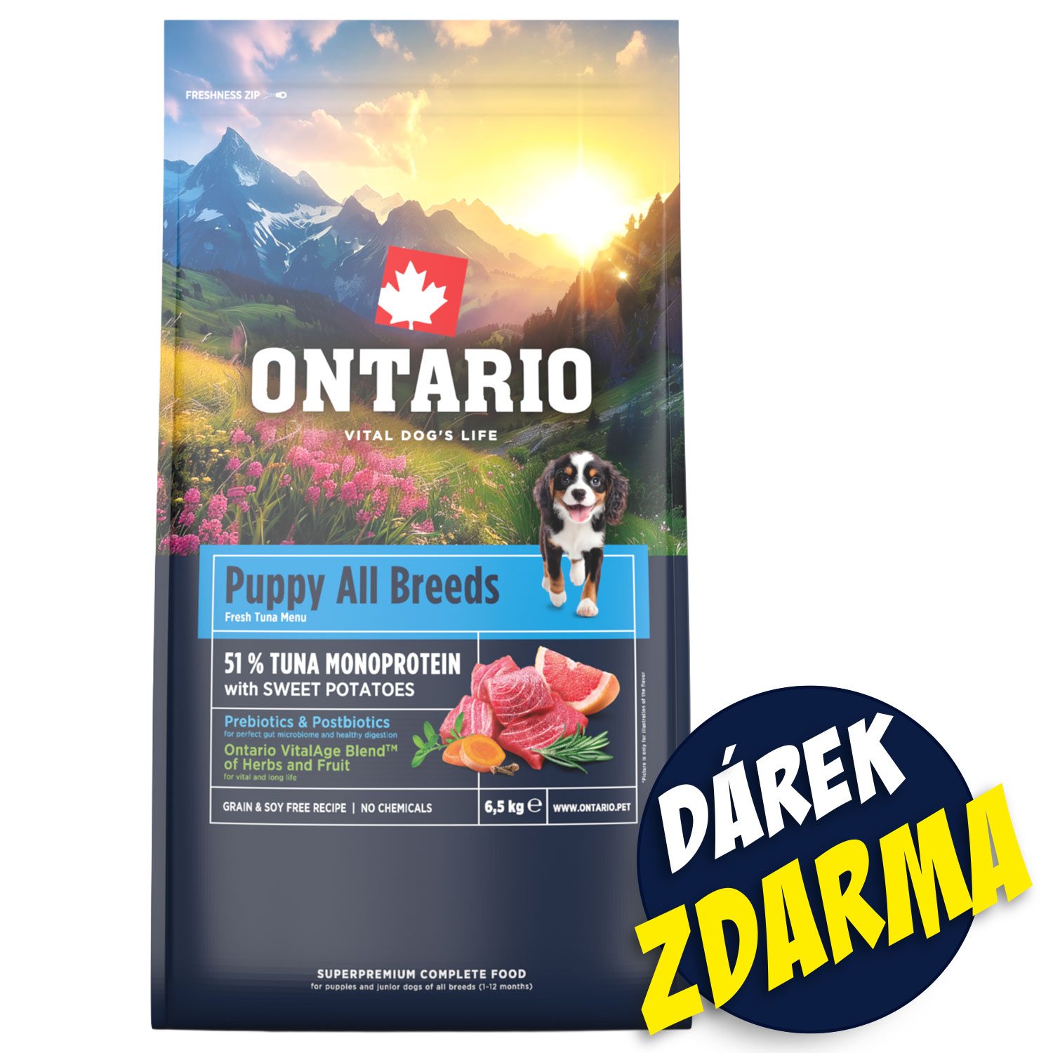 Krmivo Ontario Puppy & Junior Monoprotein Tuna 6,5kg + 3 konzervy 200g ZDARMA