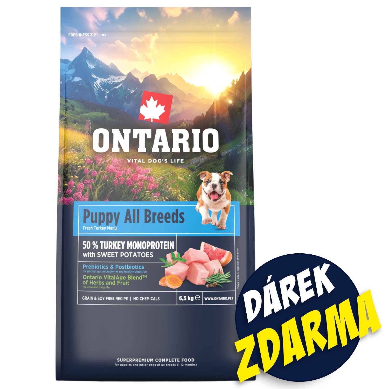 Krmivo Ontario Puppy & Junior Monoprotein Turkey  6,5kg + 3 konzervy 200g ZDARMA