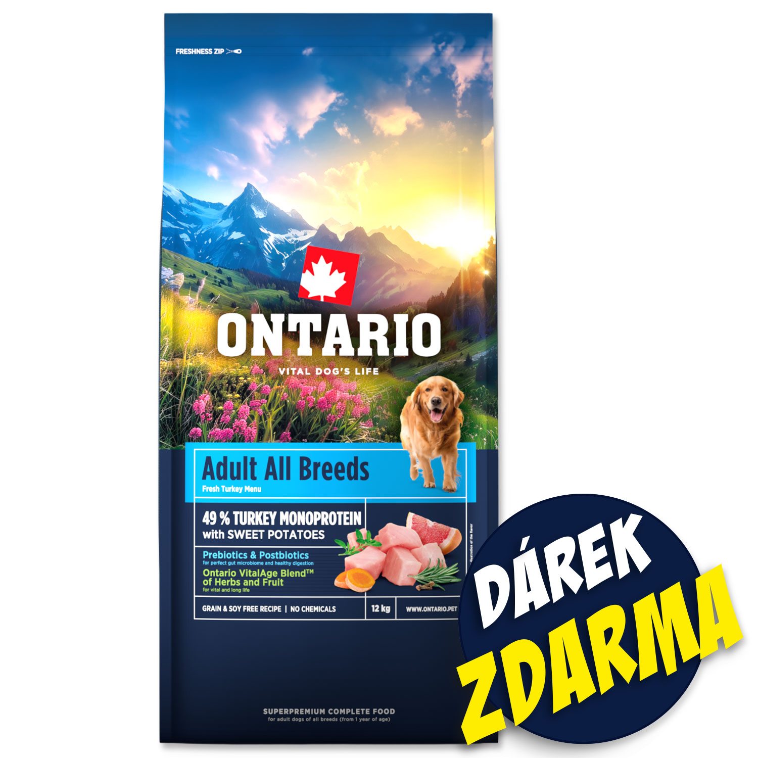 Krmivo Ontario Adult All Breeds Monoprotein Turkey 12kg + 3 konzervy 400g ZDARMA