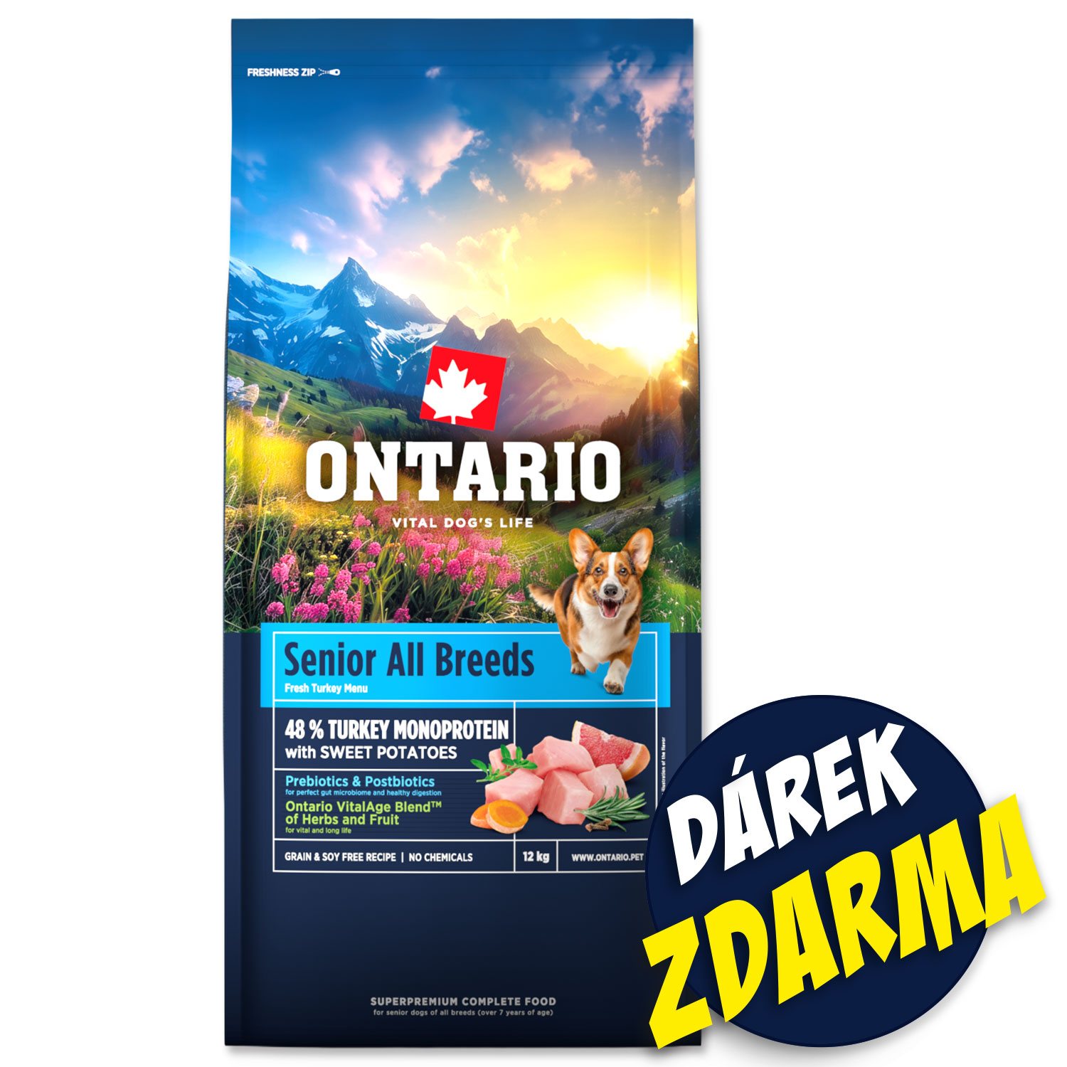 Krmivo Ontario Senior All Breeds Monoprotein Turkey 12kg + 3 konzervy 400g ZDARMA