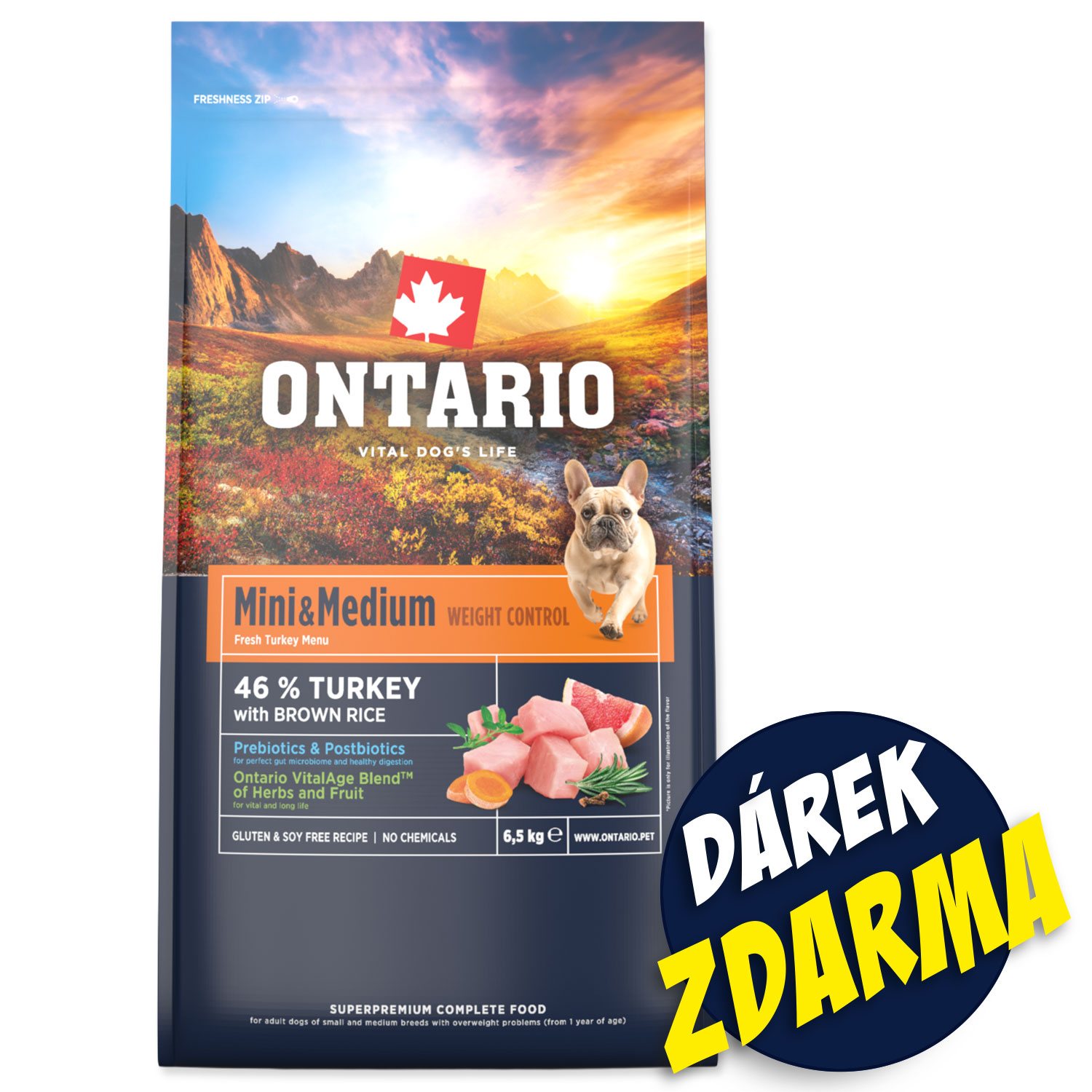 Krmivo Ontario Mini & Medium Weight Control Turkey 6,5kg+ 3 konzervy 200g ZDARMA