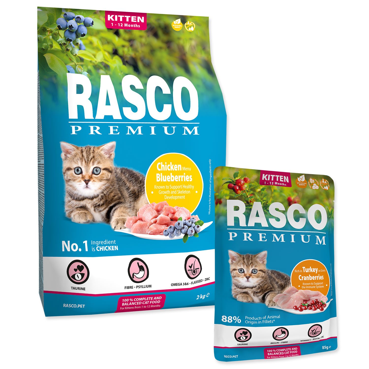 Krmivo Rasco Premium Kitten kuře  2kg + 5 kapsiček ZDARMA
