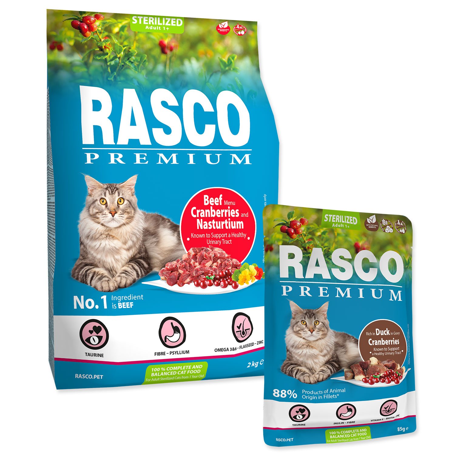 Krmivo Rasco Premium Sterilized hovězí 2kg + 5 kapsiček ZDARMA