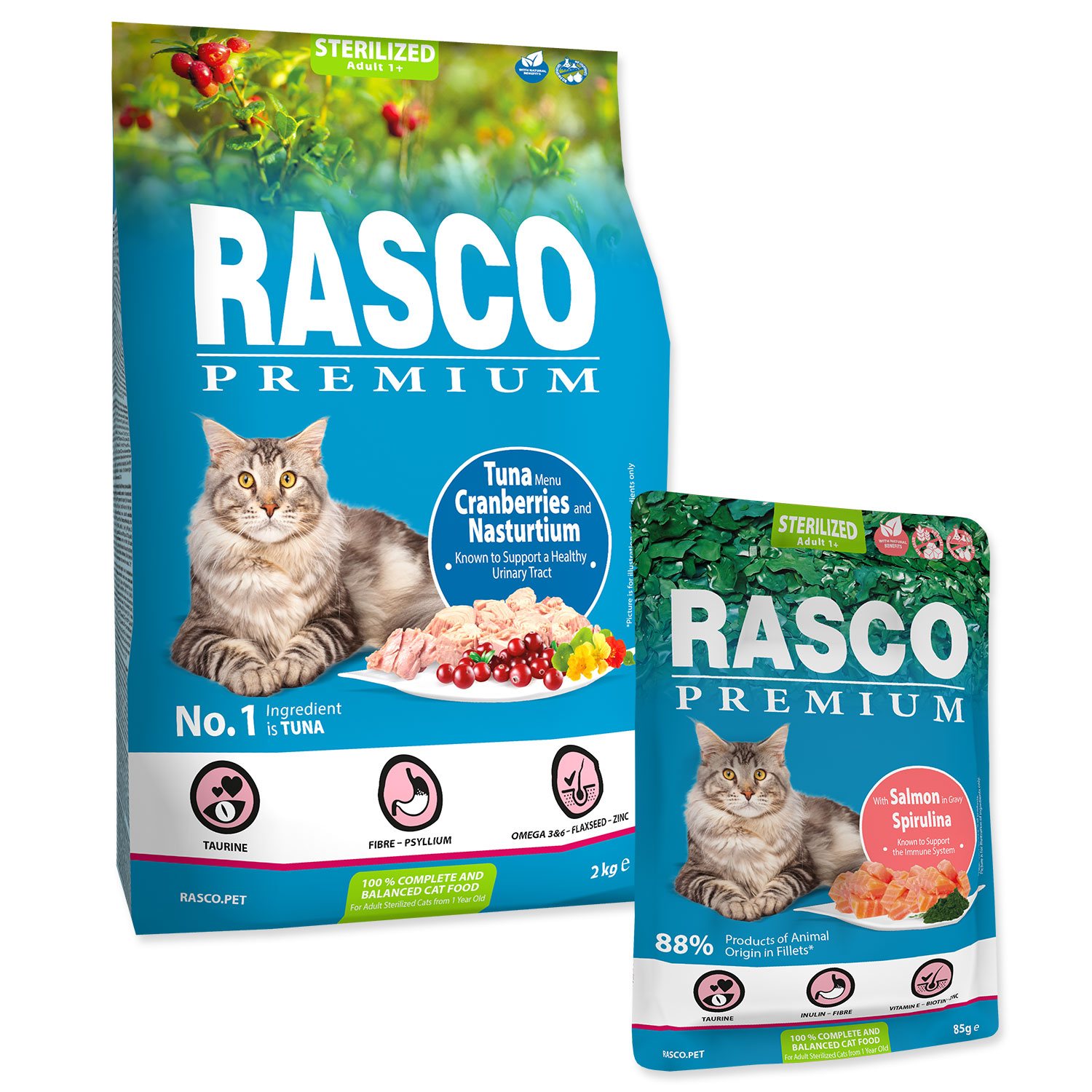 Krmivo Rasco Premium Sterilized tuňák 2kg + 5 kapsiček ZDARMA