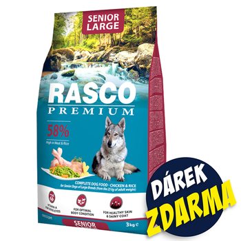 Krmivo Rasco Premium Senior Large kuře s rýží 3kg+Pochoutka Rasco Premium 80g-KS